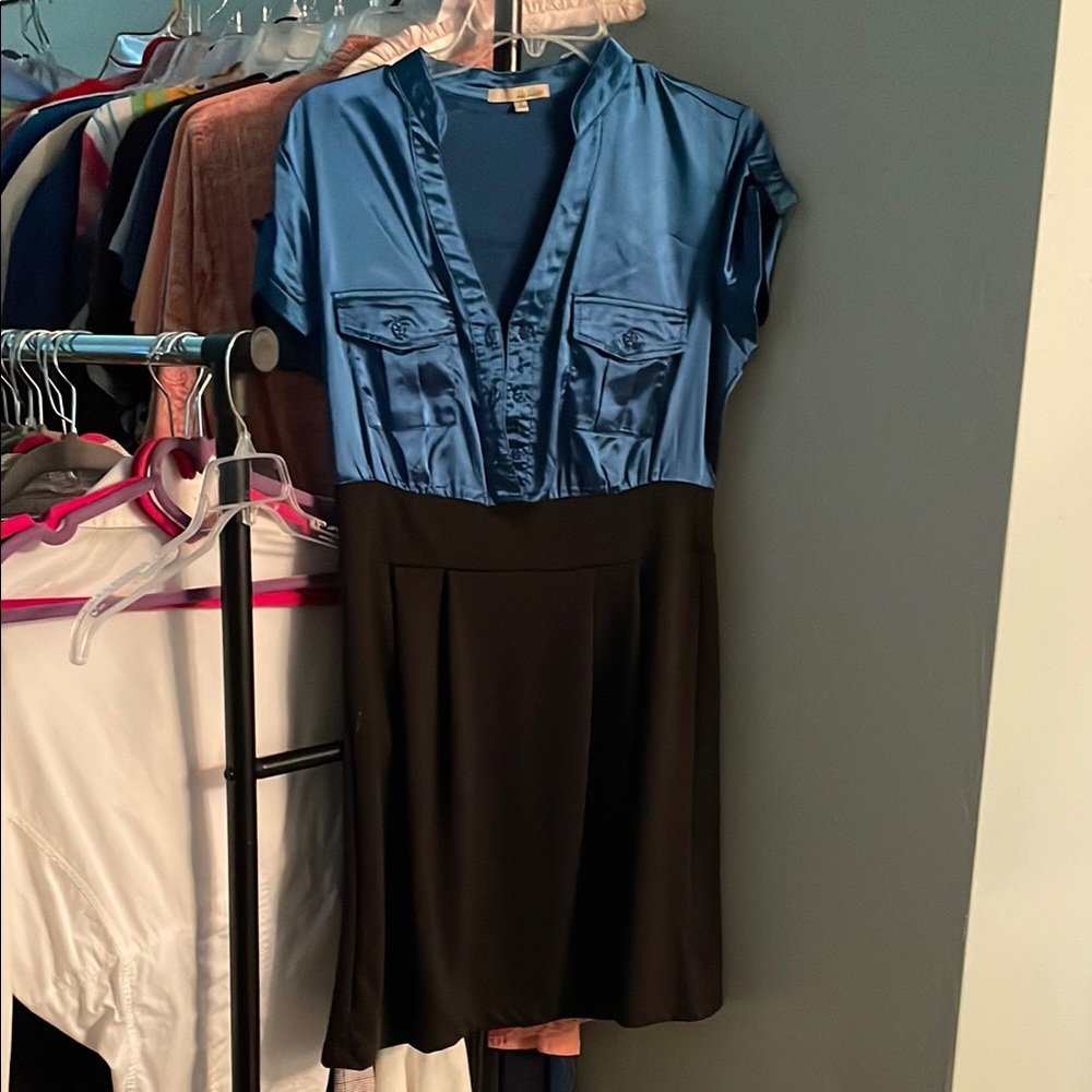 BeBop Peacock Blue Satin and Black Knit Pleated Kirt Cap Sleeve Mini Dress